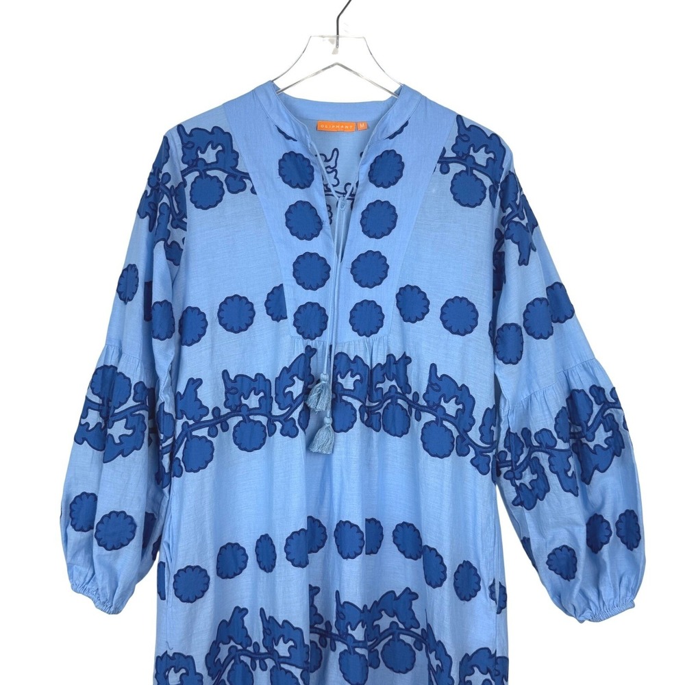 Oliphant Blue Embroidered Floral Applique Puff Sleeve Maxi Dress Medium - Picture 8 of 16